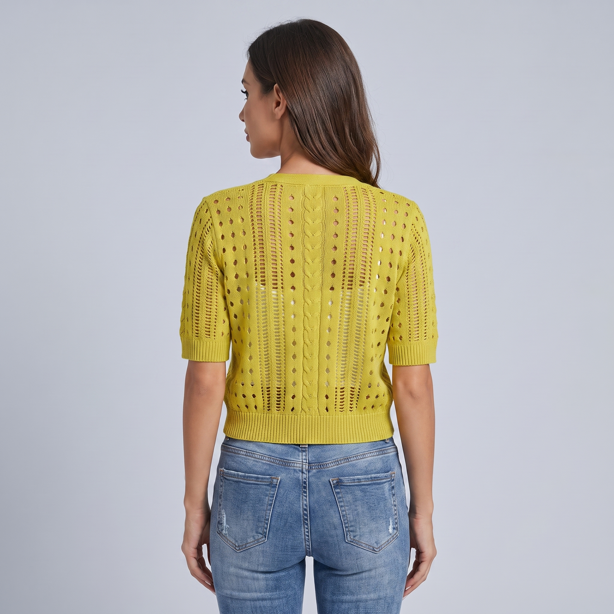 Women's Short-Sleeved Openwork Knit Cardigan