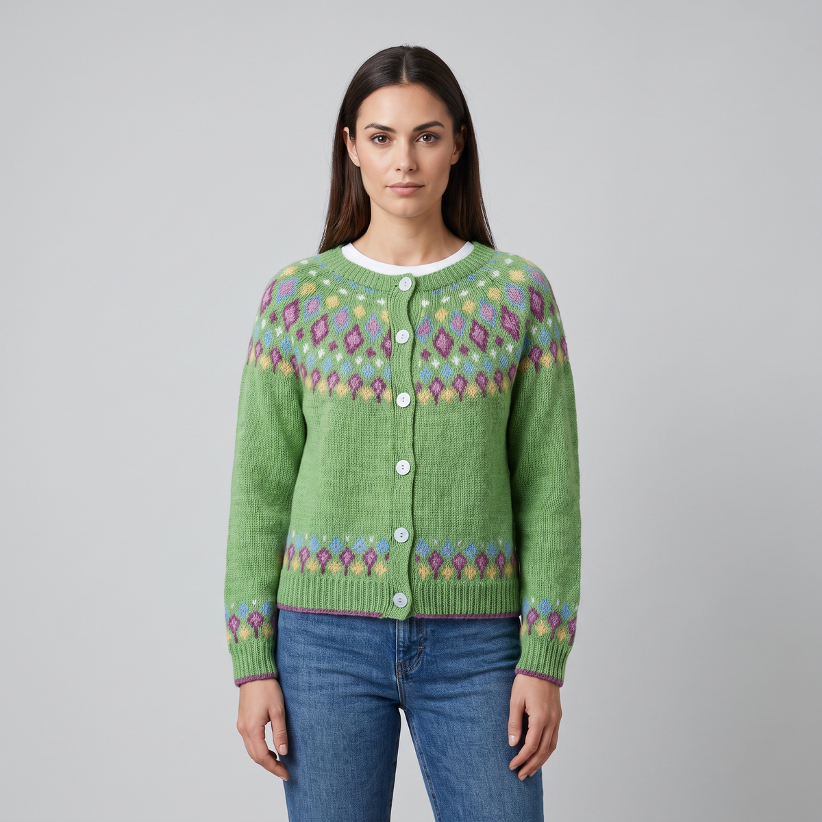 Women's Cardigan with Nordic Pattern, Buttons, and V-Neck