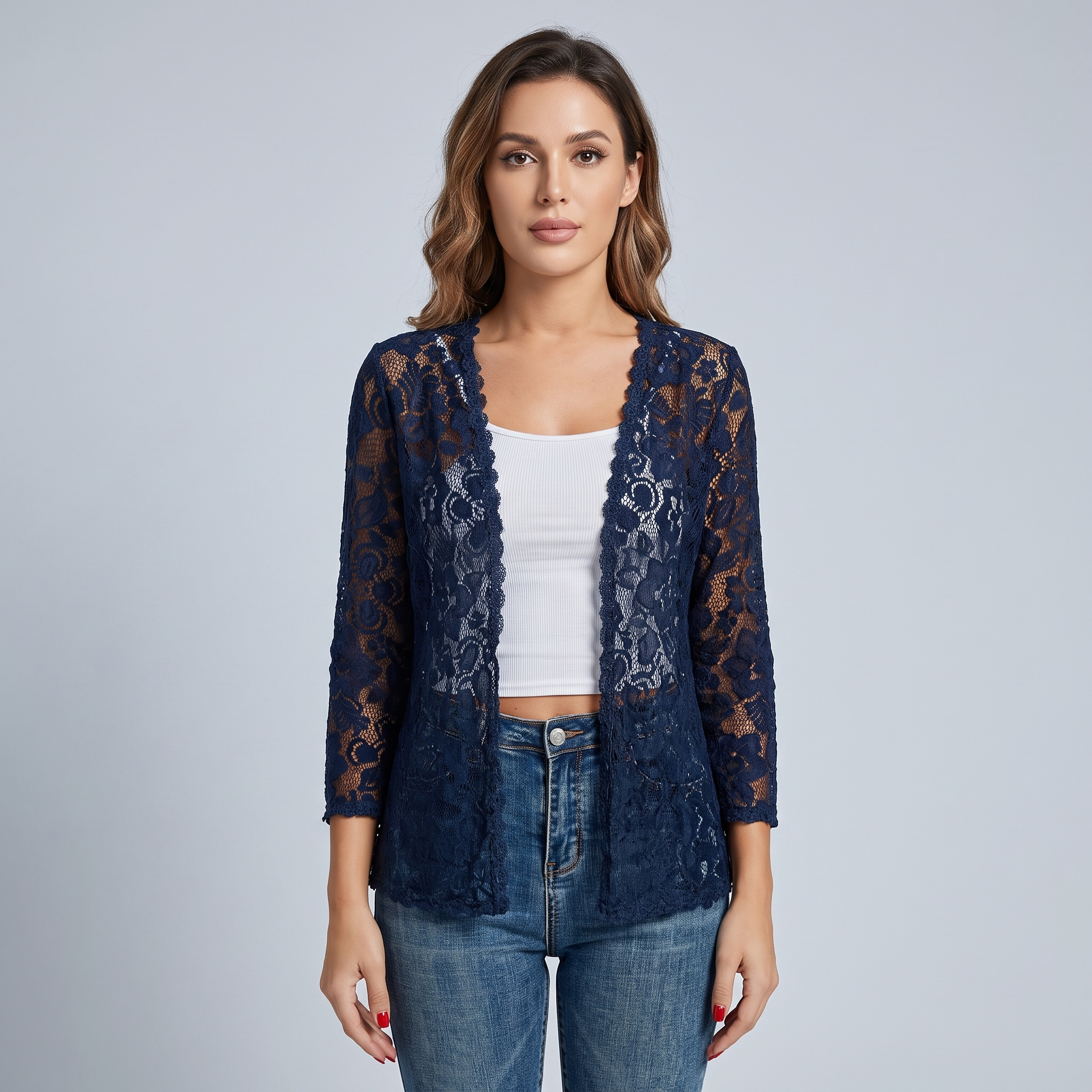 Cardigan Donna Traforato Floreale con Apertura Frontale