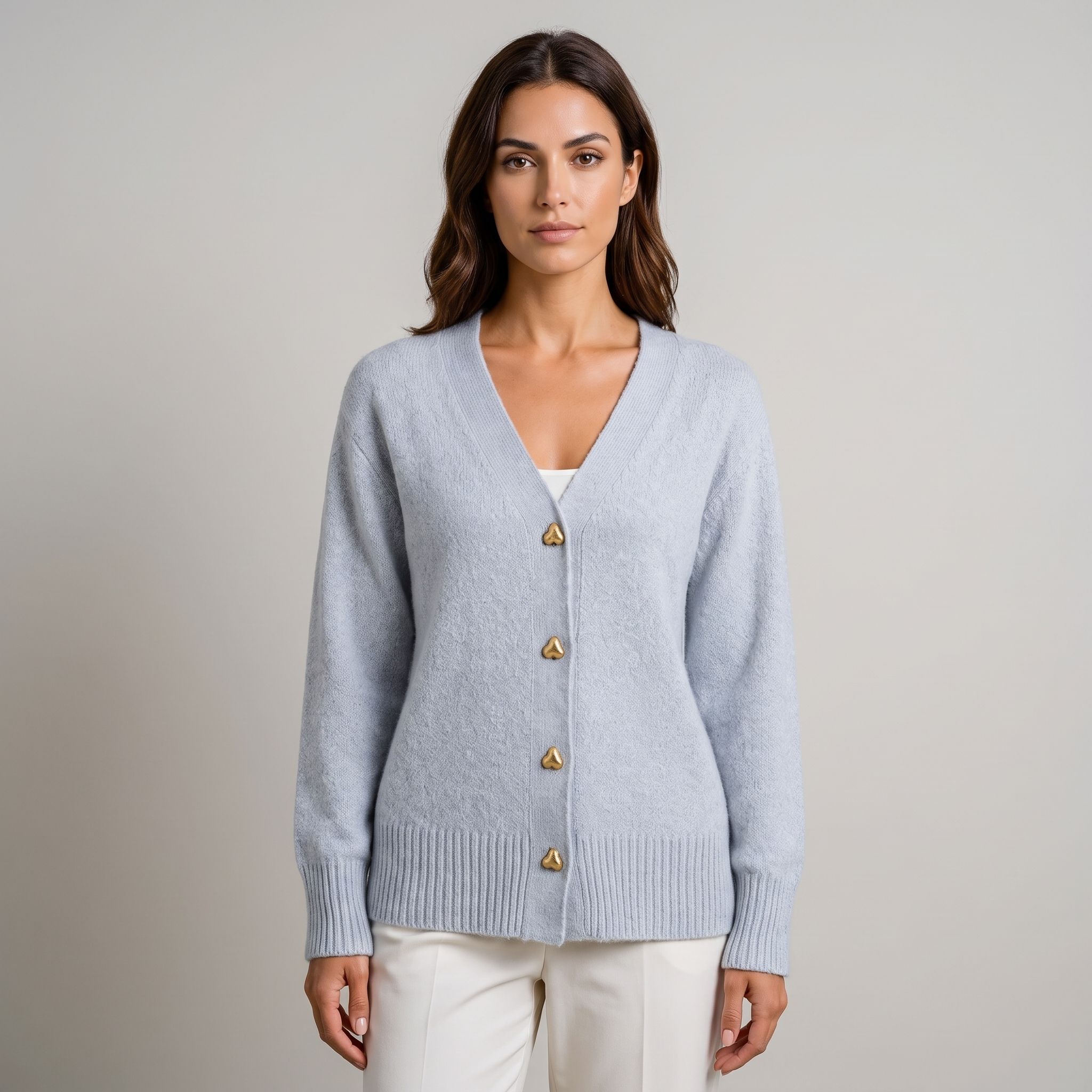 Women’s soft-knit cardigan with a V-neck and heart-shaped buttons