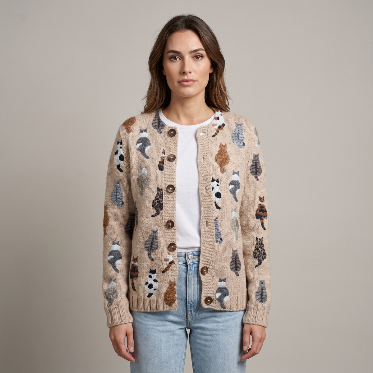 Soft Women’s Cardigan with Cat Pattern and Buttons