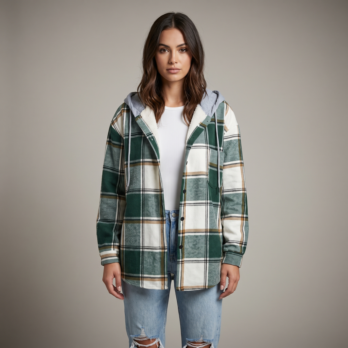 Women’s Cardigan with Hood, Drawstring and Patterned Print