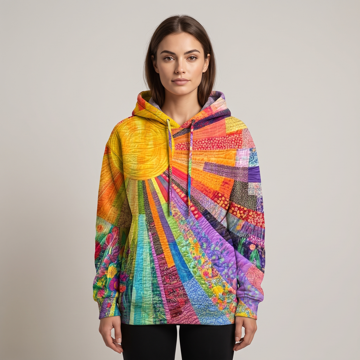 Women’s Oversized Hoodie with Radiating Patchwork Print