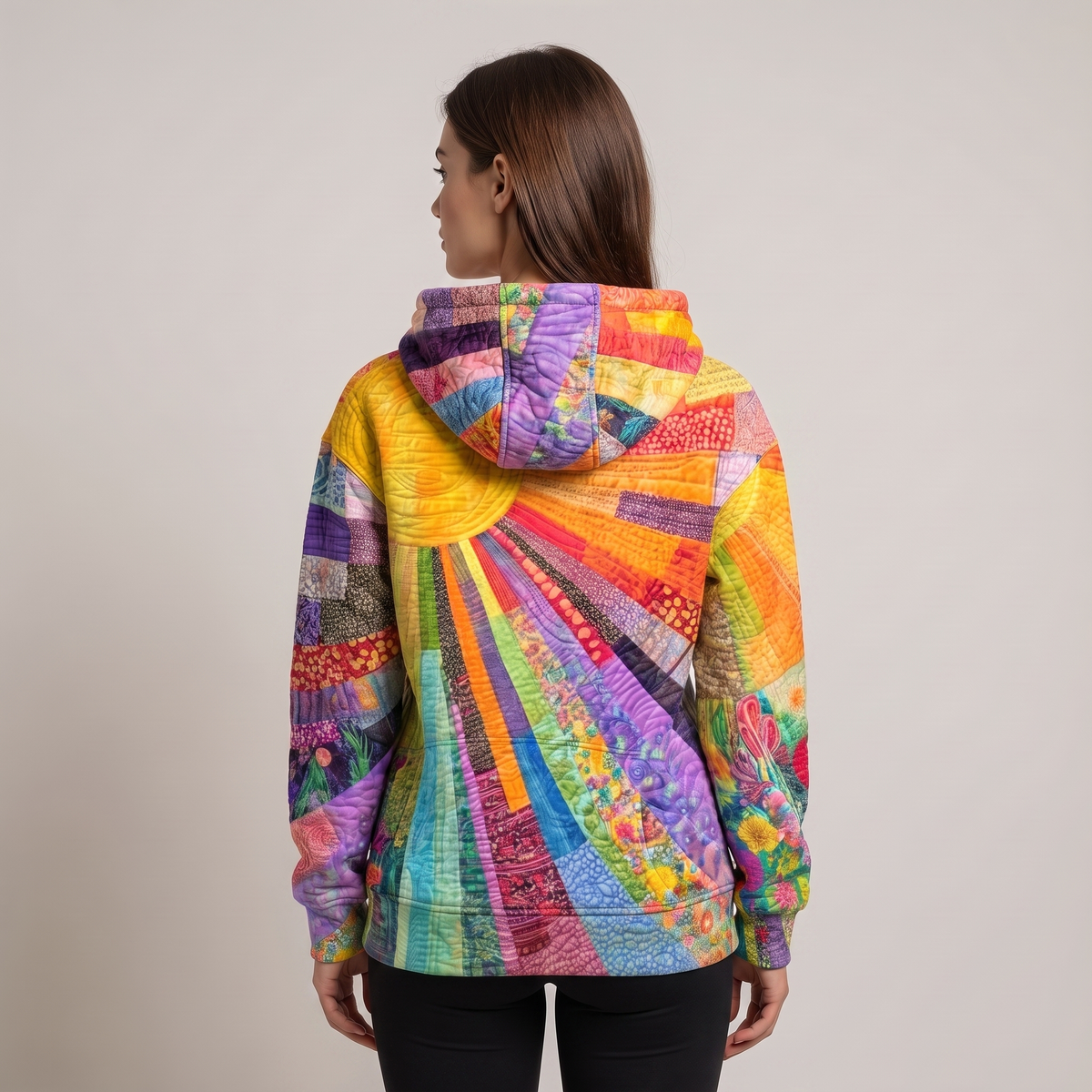 Women’s Oversized Hoodie with Radiating Patchwork Print