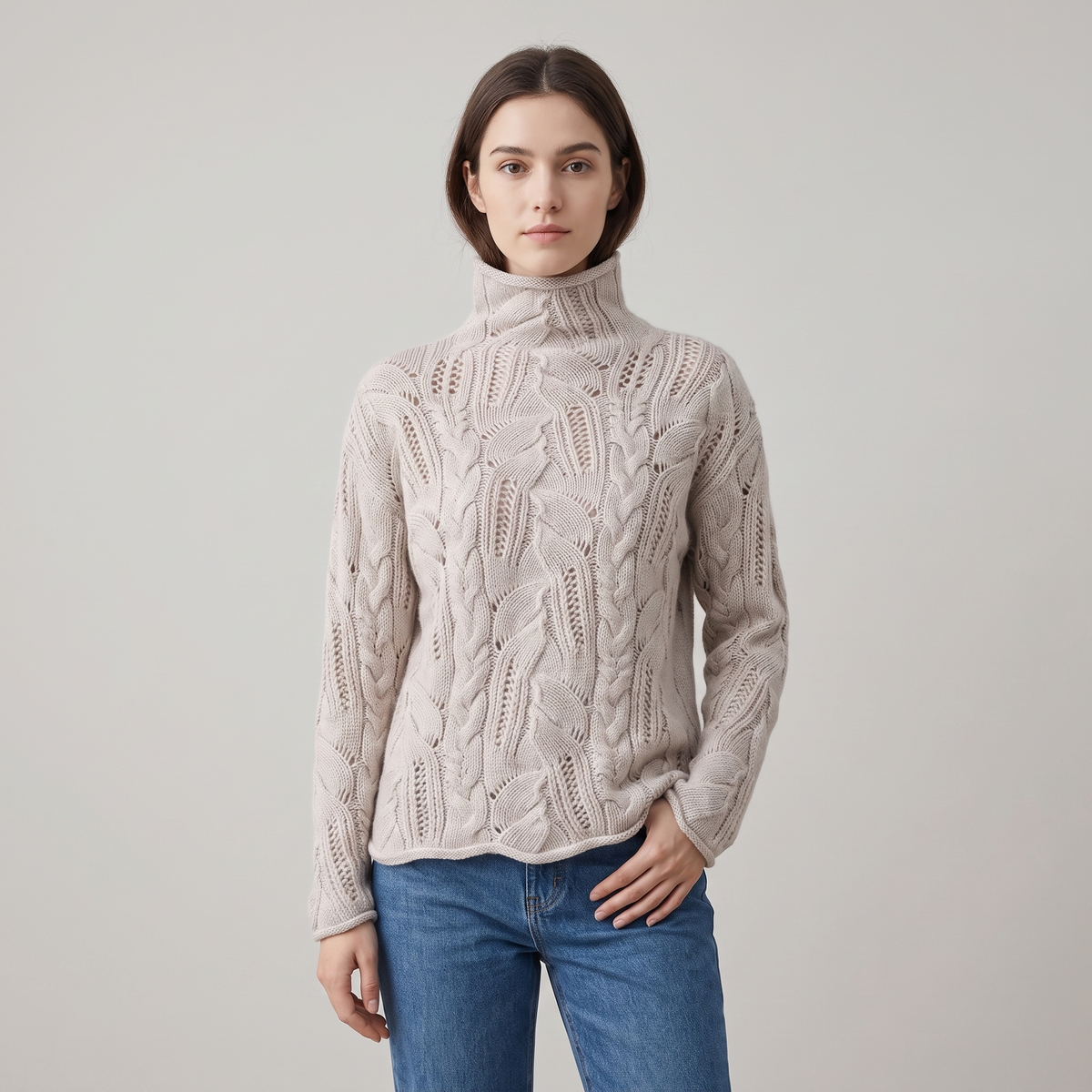 Cable-Knit Openwork Turtleneck Sweater
