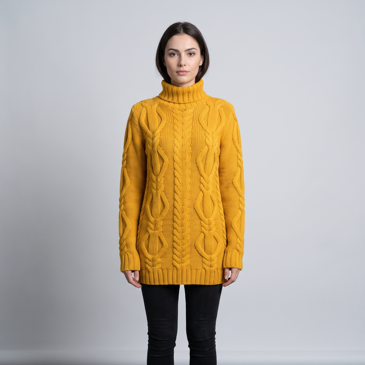 Oversized Turtleneck Sweater with Long Cables, Hip-Length