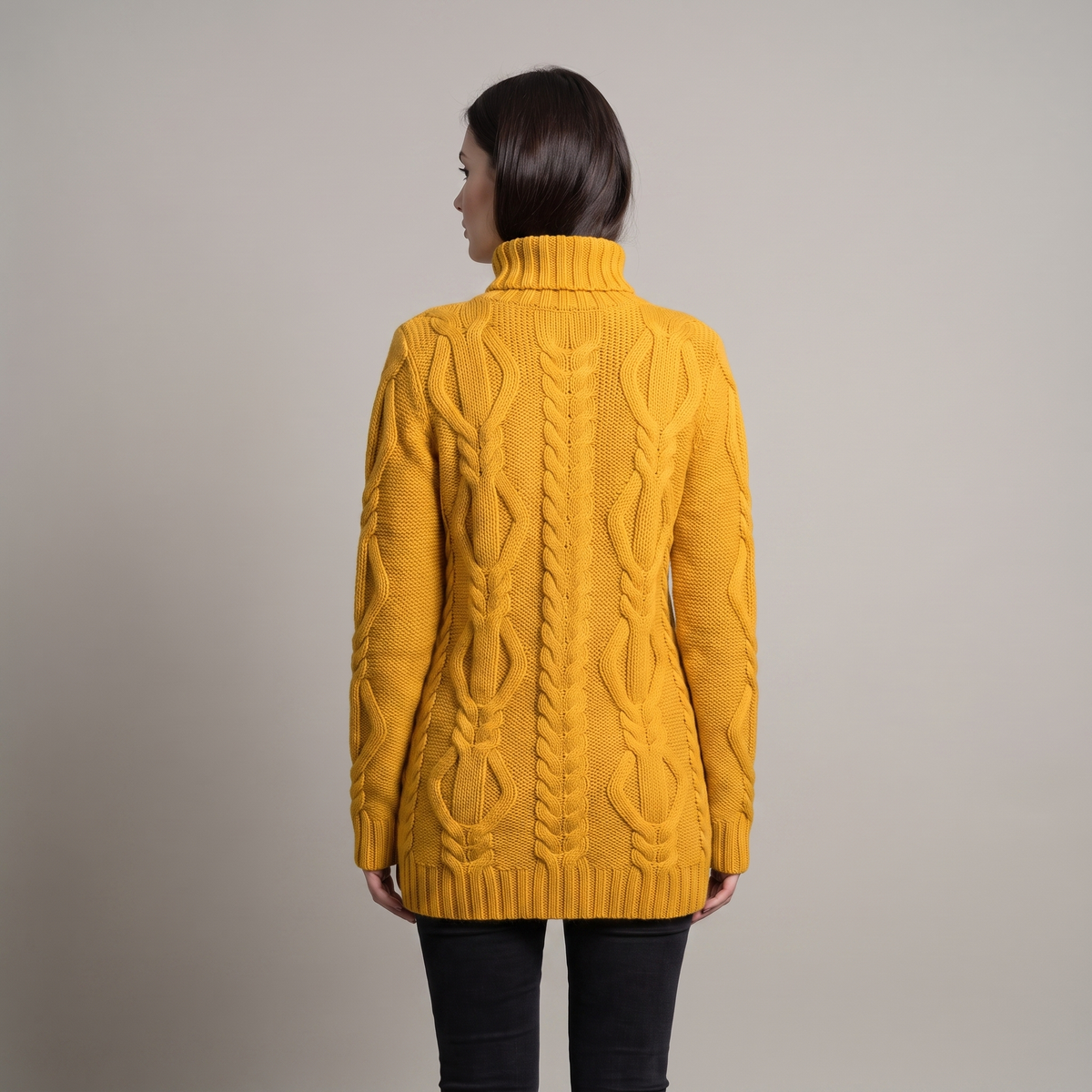 Oversized Turtleneck Sweater with Long Cables, Hip-Length