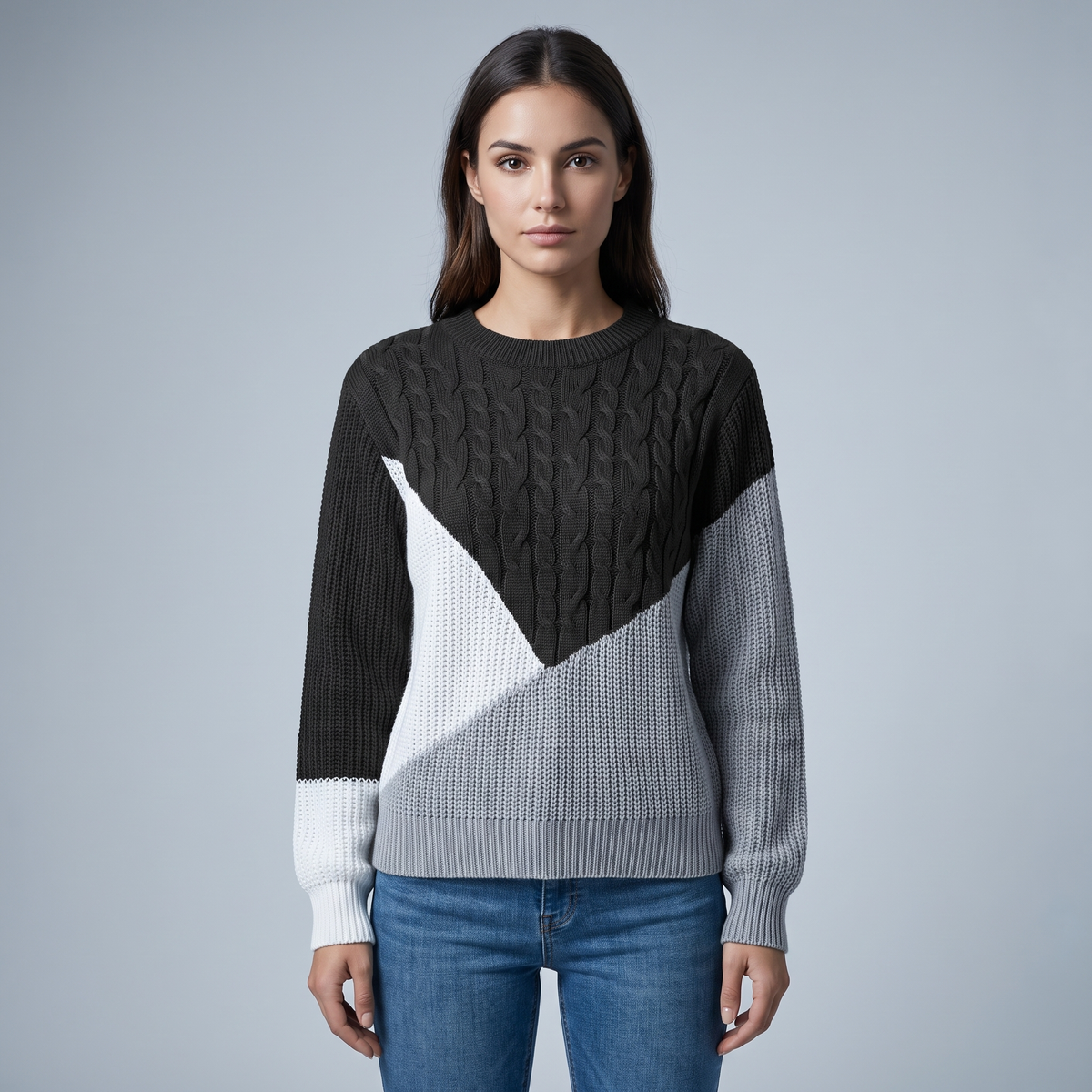 Women's Long-Sleeve Torchon Sweater with Contrast Details