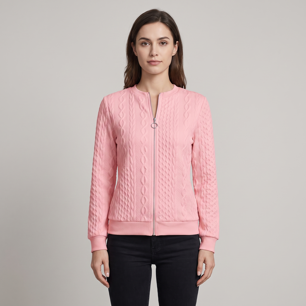 Women's High-Neck Cable-Knit Sweater with Half-Zip