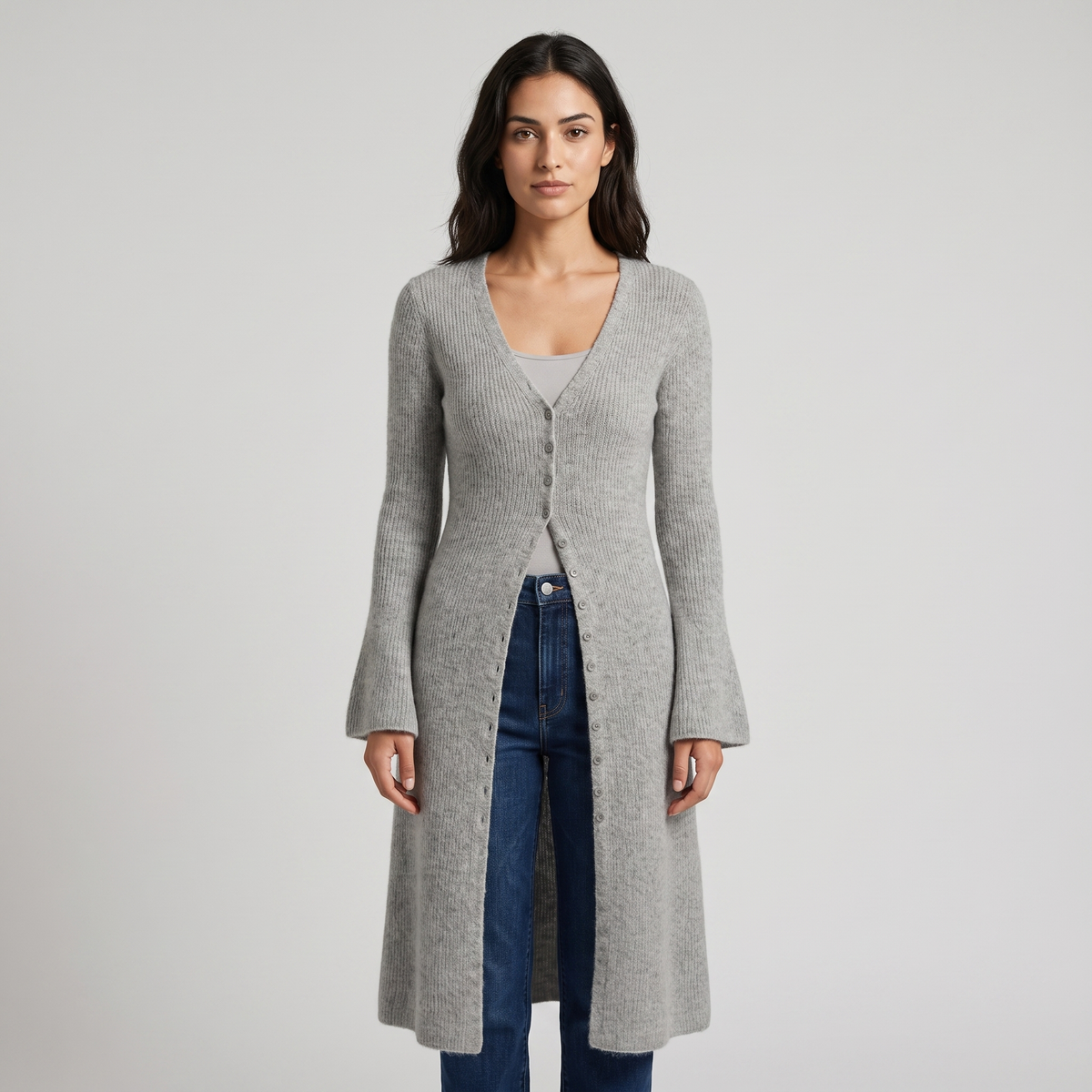 Women's Long V-Neck Sweater in Wool Blend with Buttons