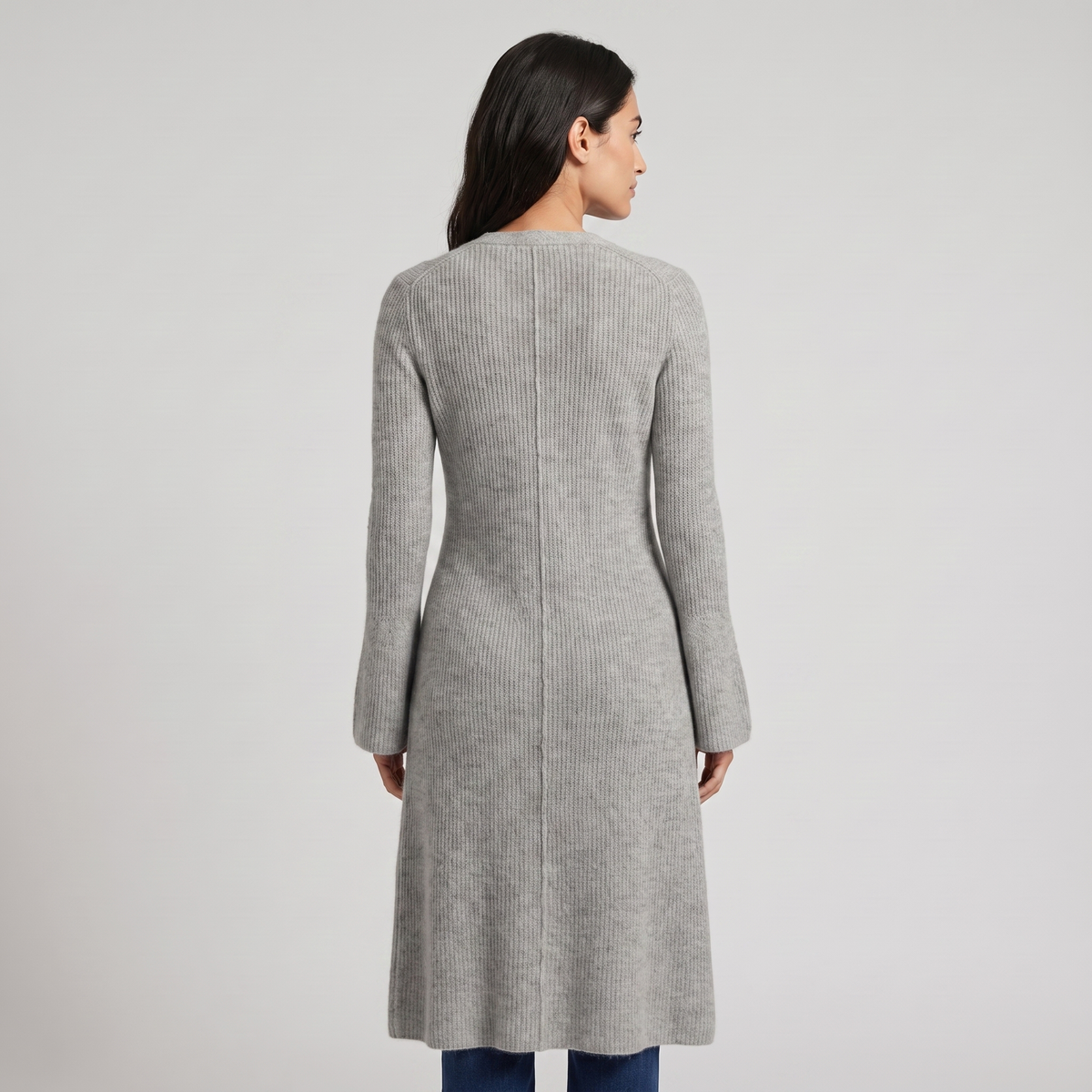 Women's Long V-Neck Sweater in Wool Blend with Buttons
