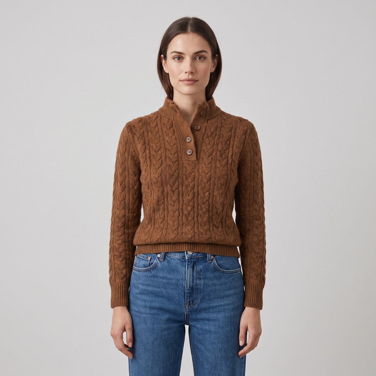 Women's Cable-Knit Sweater with Buttoned Neckline, Slim Fit