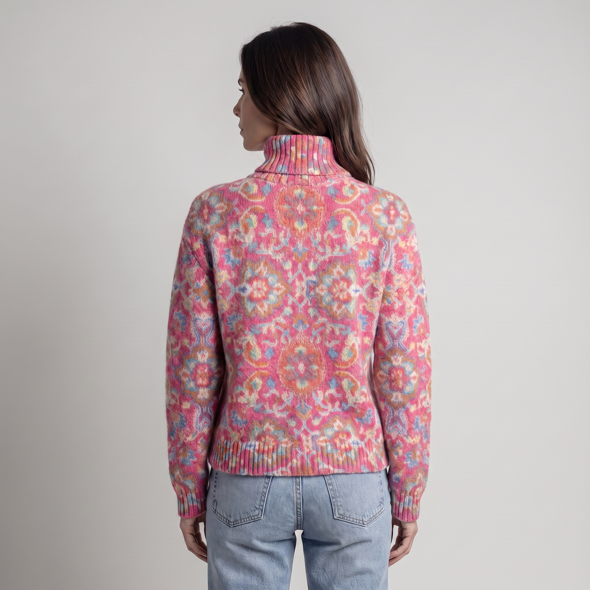 Women's Turtleneck Sweater with Ethnic Floral Print