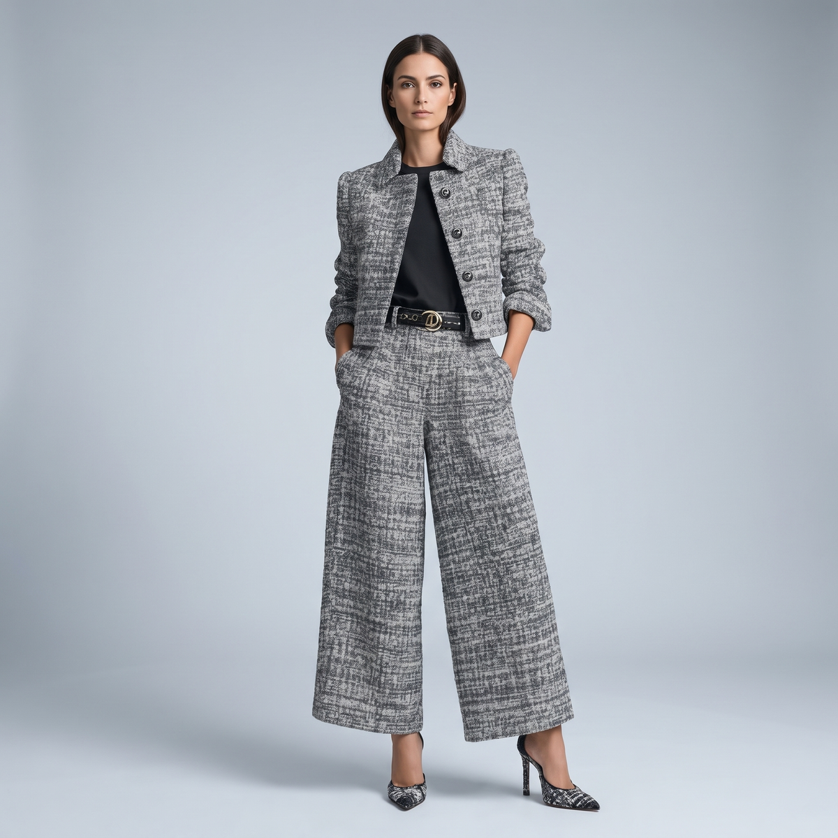 Women’s Tweed Suit with a Cropped Jacket and Palazzo Trousers