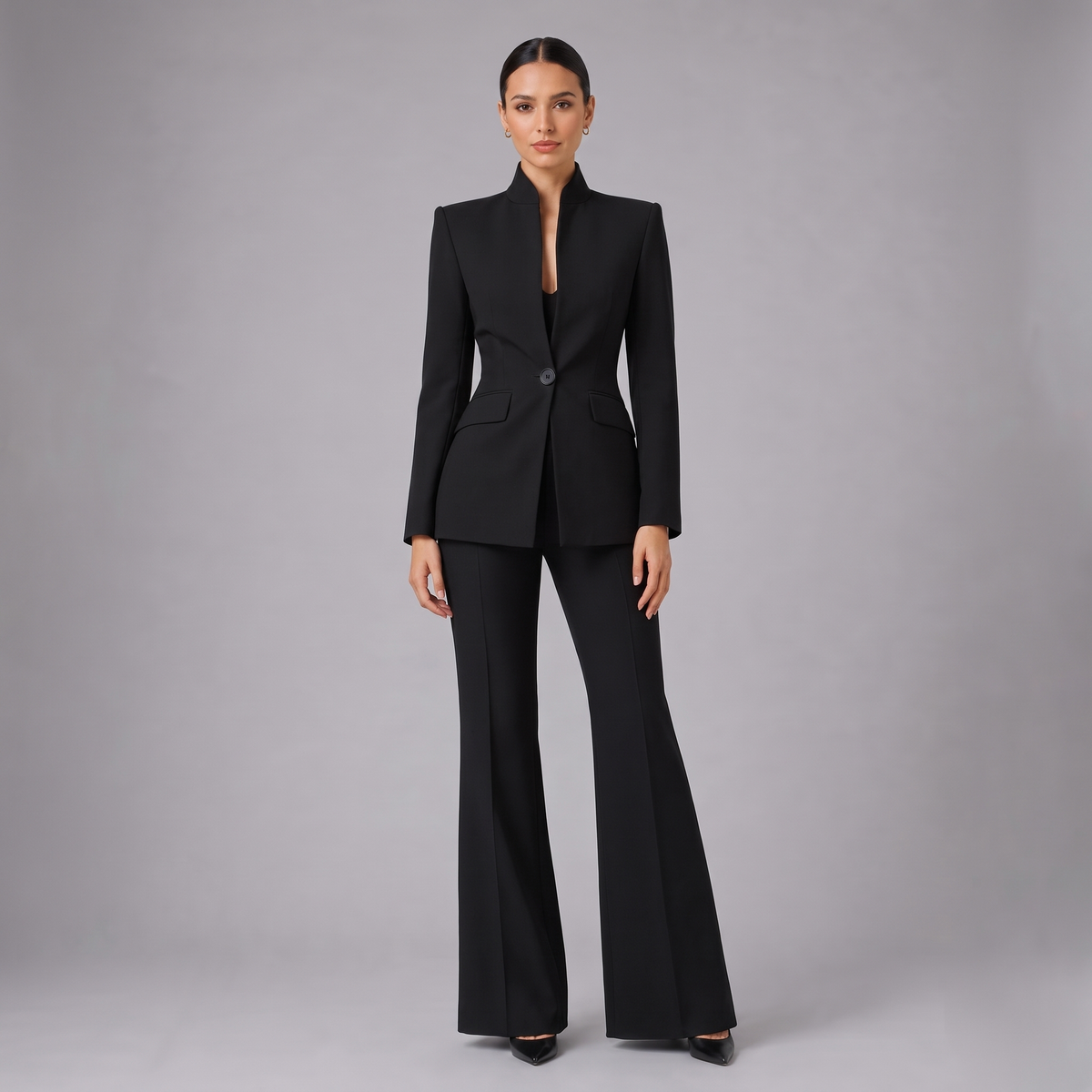 Women’s Suit with a Collarless Blazer and Palazzo Trousers