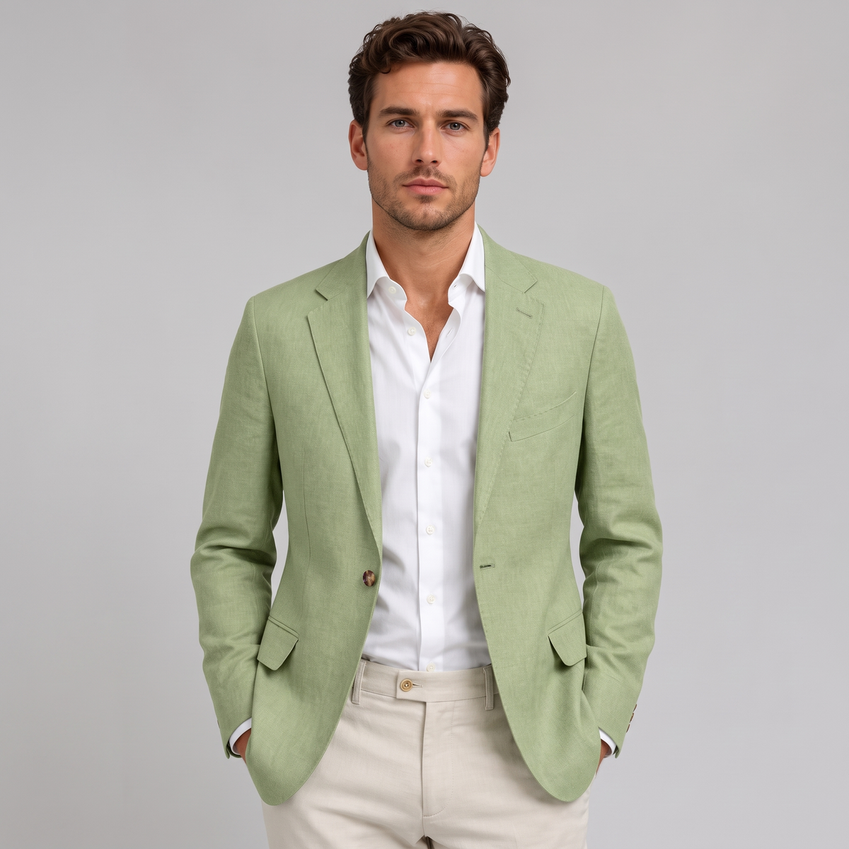 Men’s Single-Breasted Linen Blazer with Classic Lapels
