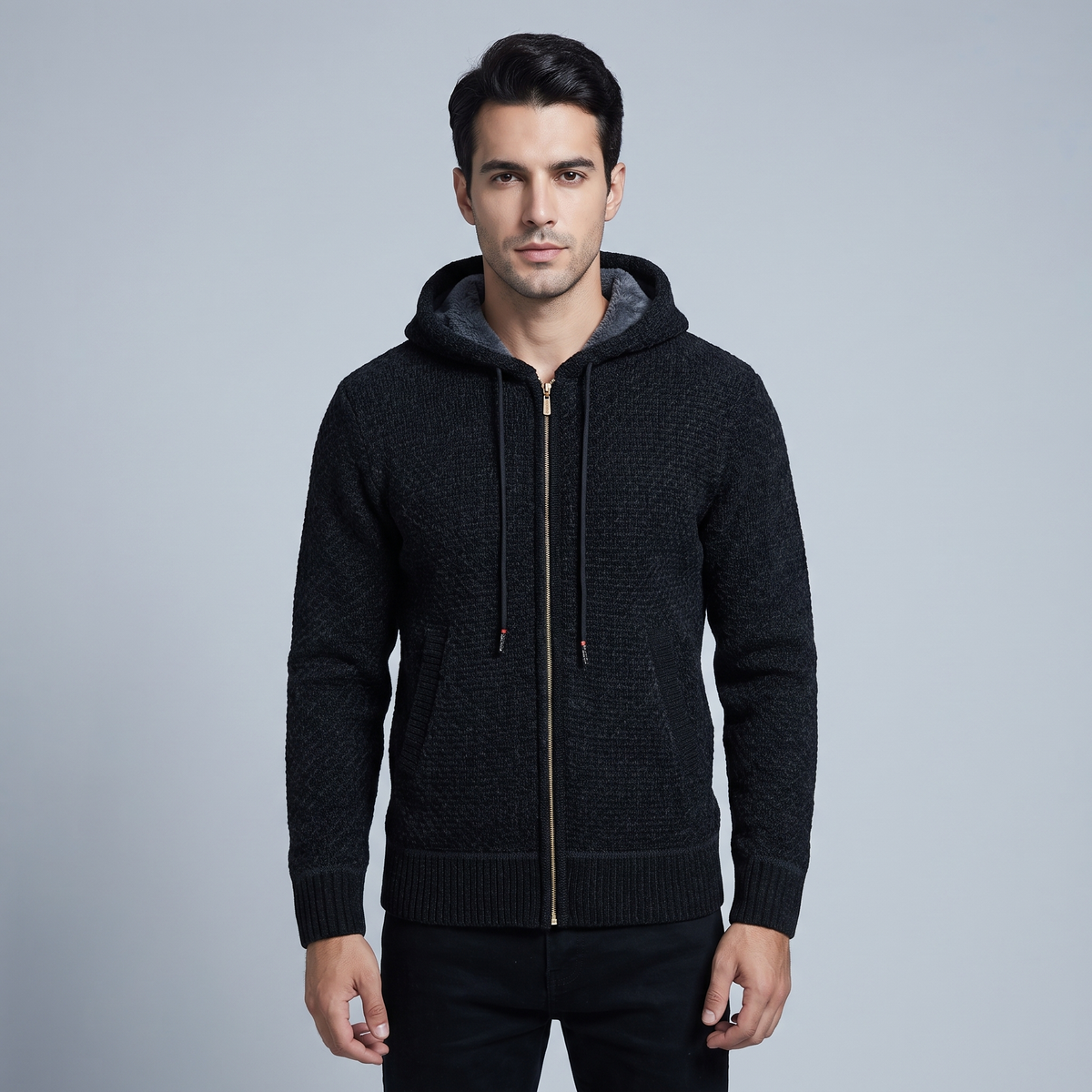 Men’s Lined Hooded Cardigan with Front Zip