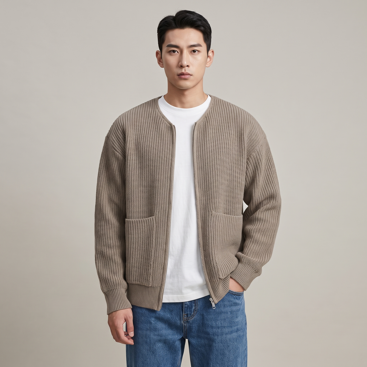 Men’s Crew Neck Knit Cardigan with Ribbed Hem