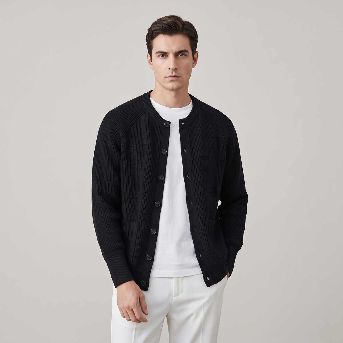 Men’s Slim Fit Crew Neck Solid Colour Cardigan