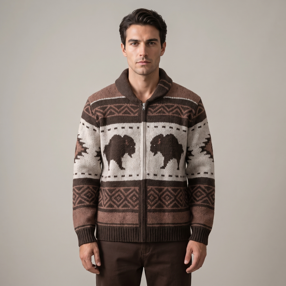 Men’s Retro Buffalo Print Full-Zip Winter Cardigan