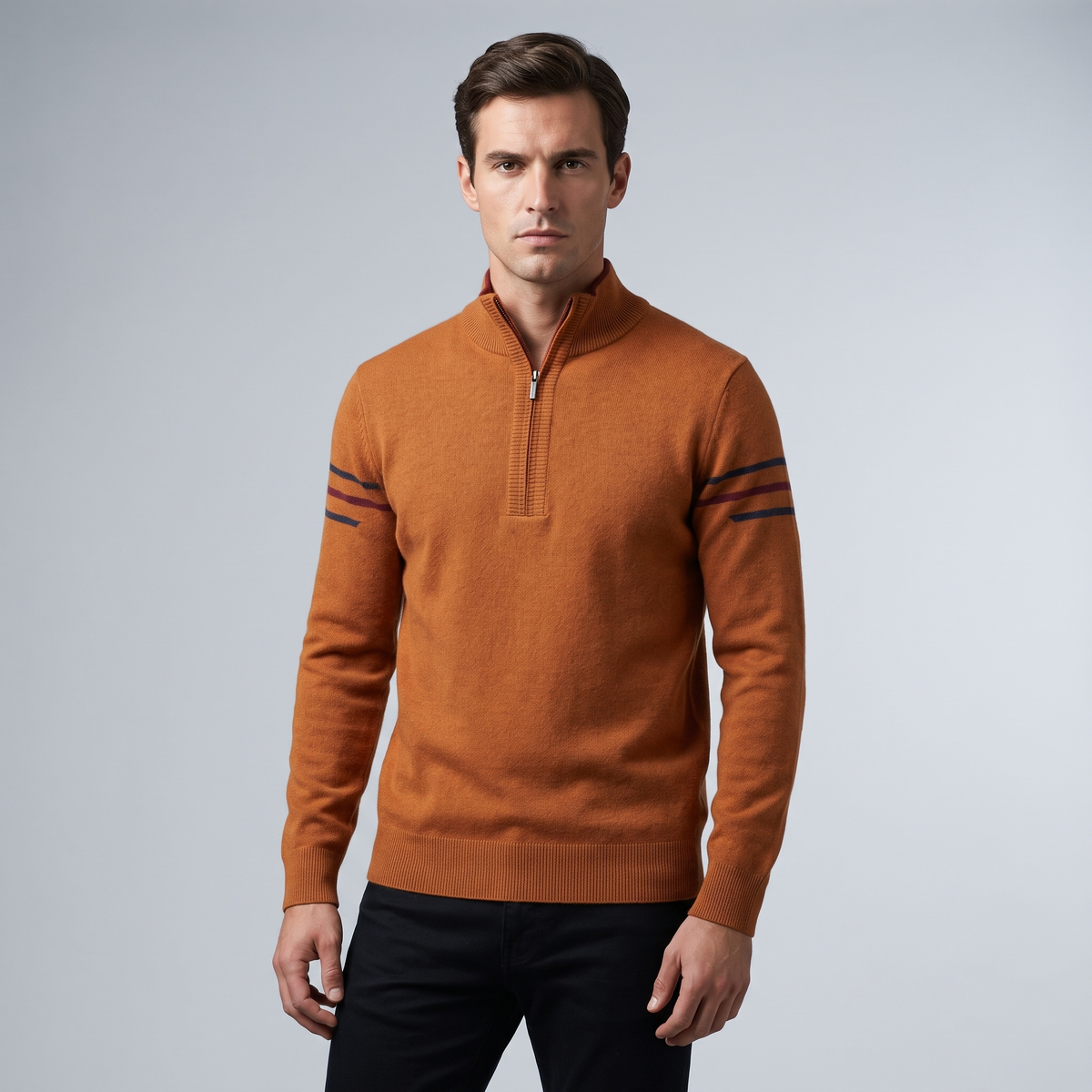 Men’s Quarter Zip Sweater with Contrast Stripes