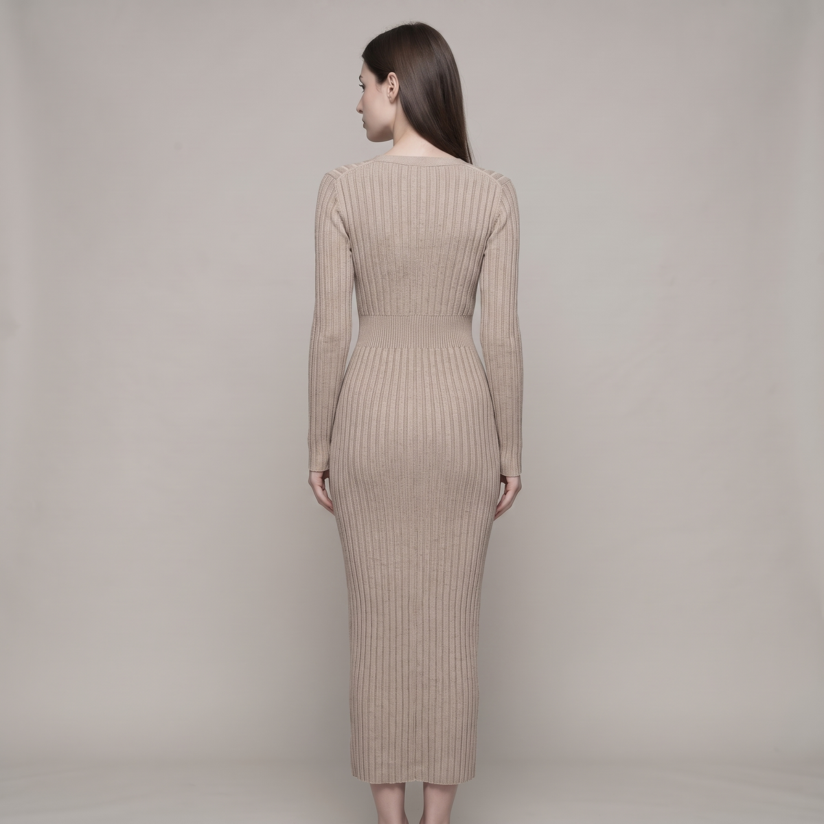 Ribbed Midi Sweater Dress with V-Neck