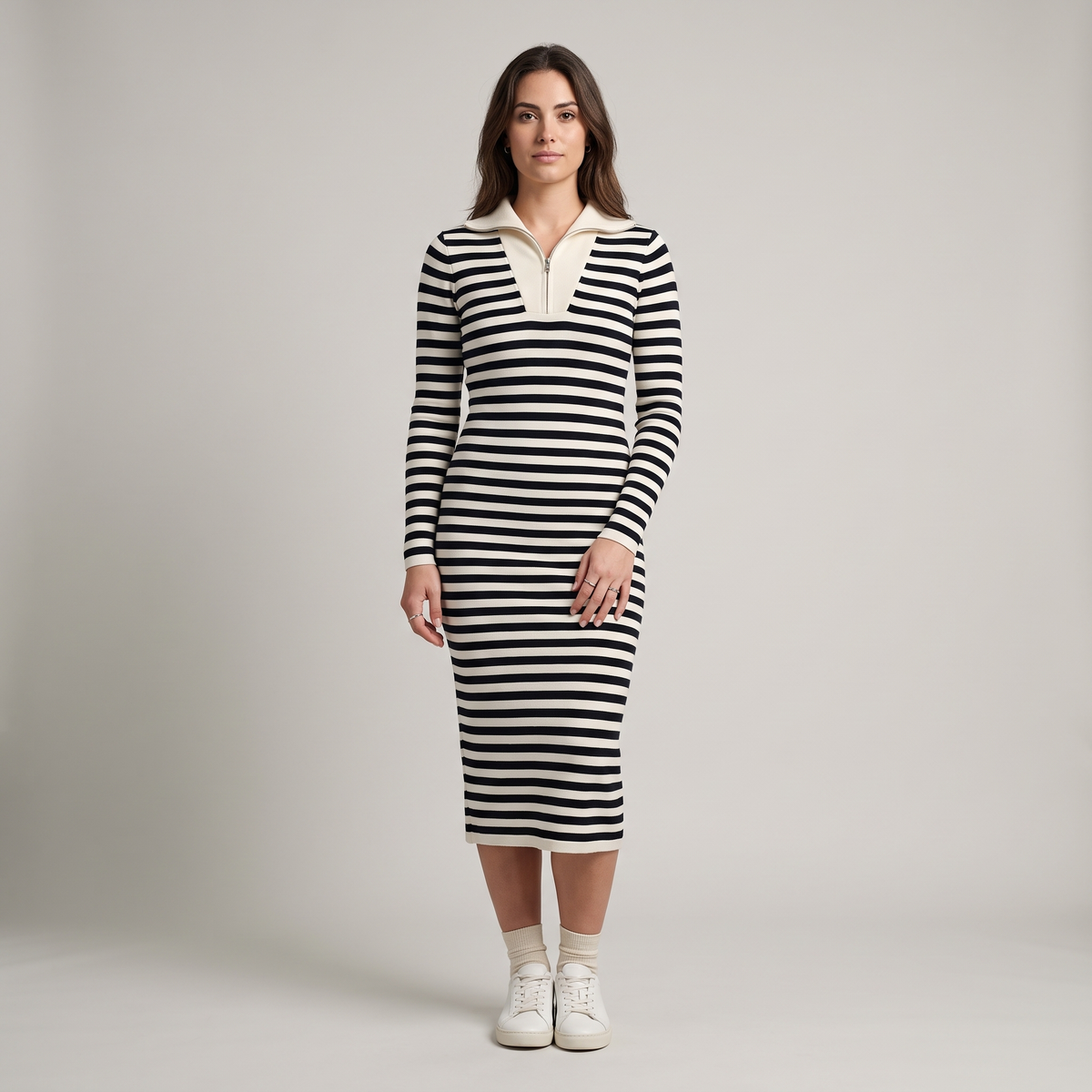 Striped Midi Sweater Dress with Half Zip
