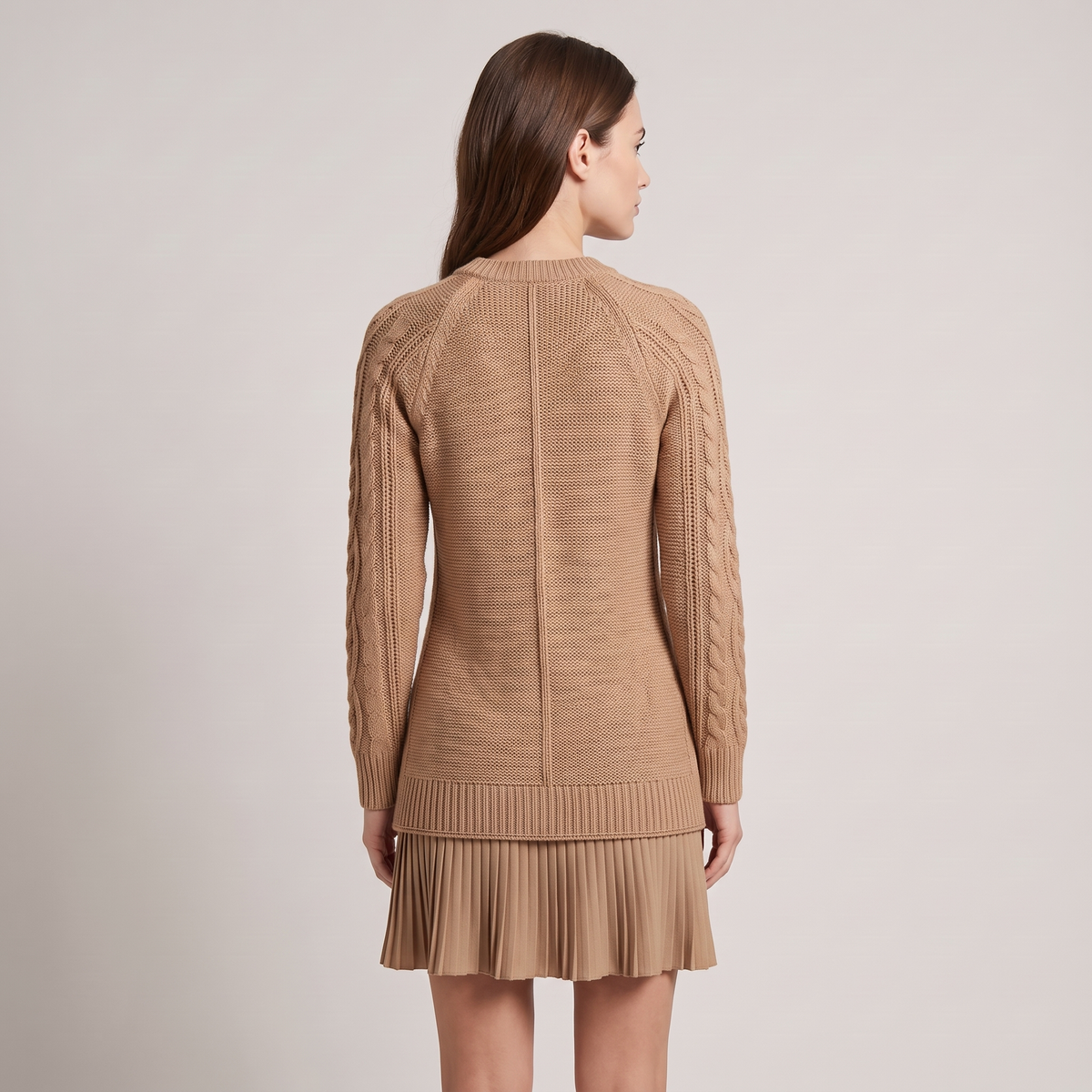 Camel Cable Knit Sweater Dress with Pleated Hem