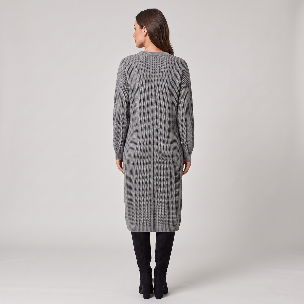 Grey Ribbed Long Sweater Dress Asymmetric Hem