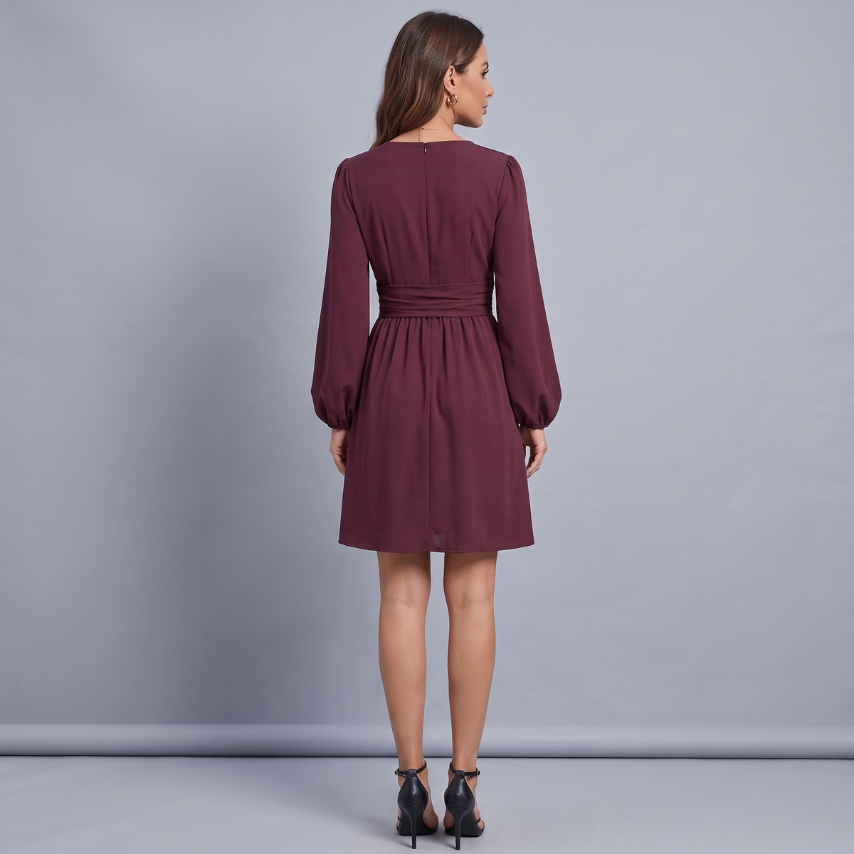Burgundy V-Neck Long Sleeve Wrap Dress