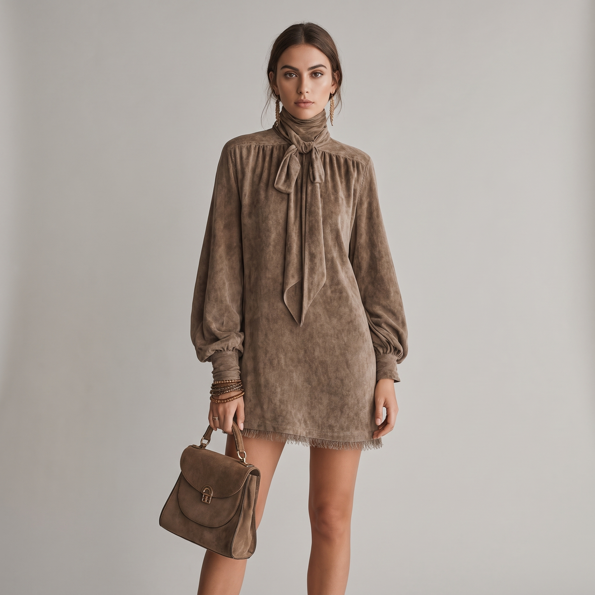 Brown Bow Neck Long Sleeve Fringe Dress