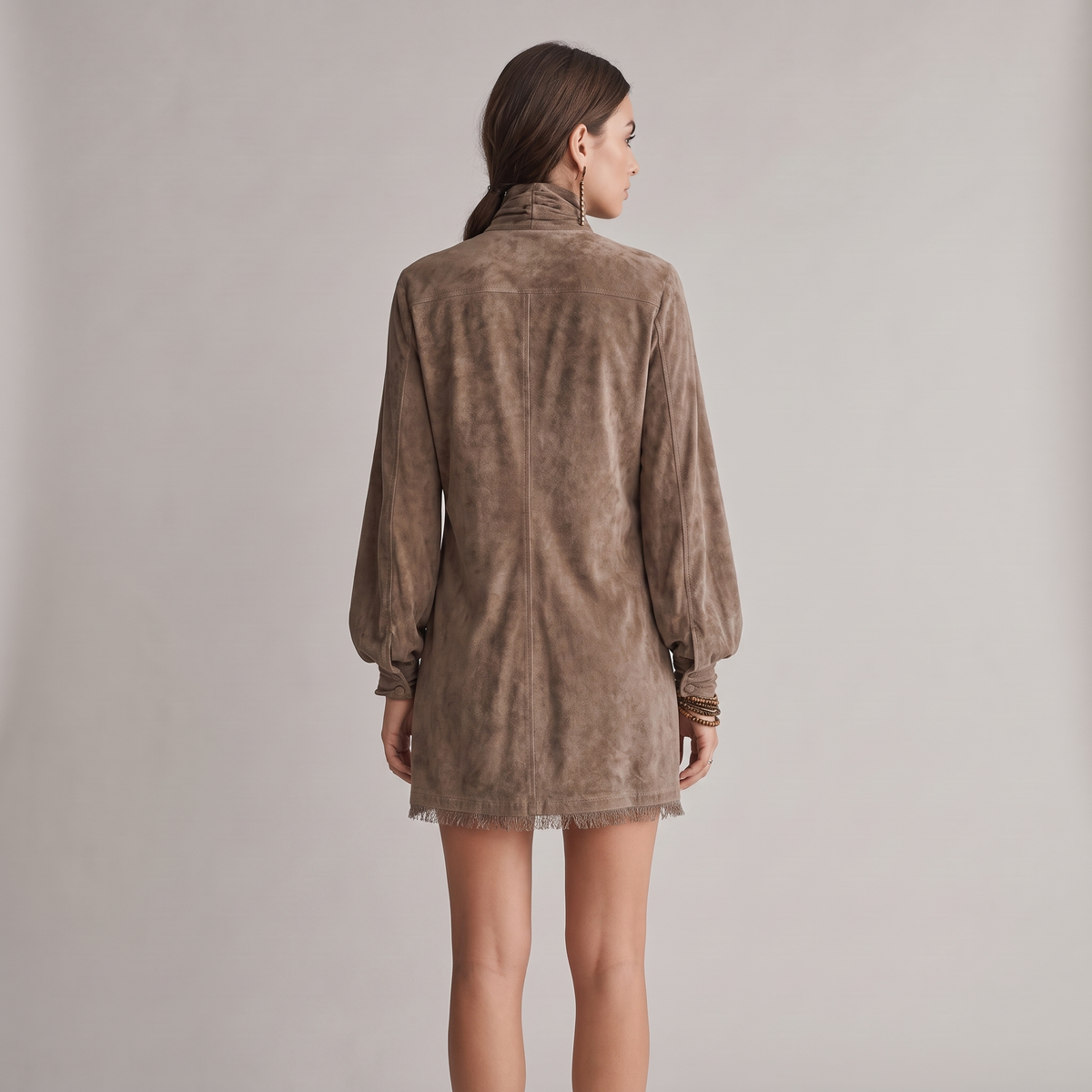 Brown Bow Neck Long Sleeve Fringe Dress