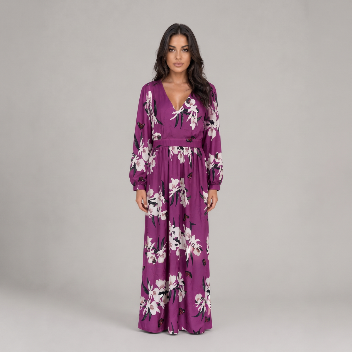 Floral V-Neck Long Sleeve Maxi Dress