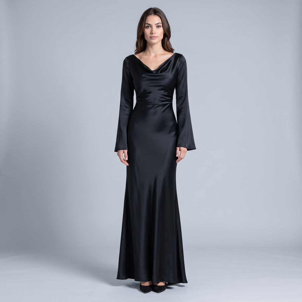 Satin Effect Long Sleeve Formal Maxi Dress