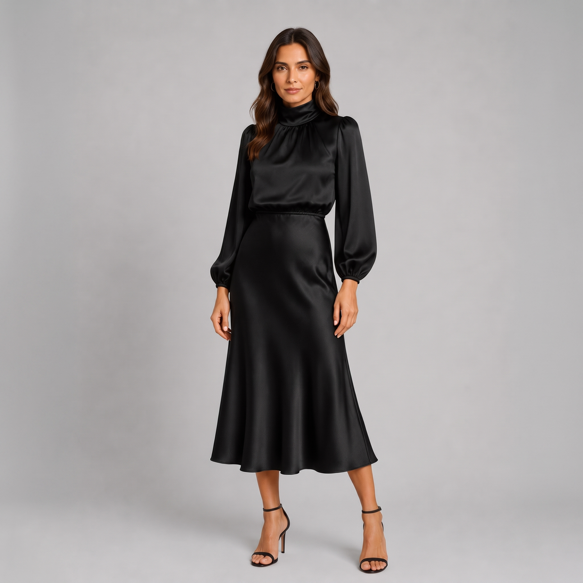 Satin Effect High Neck Long Sleeve Midi Dress