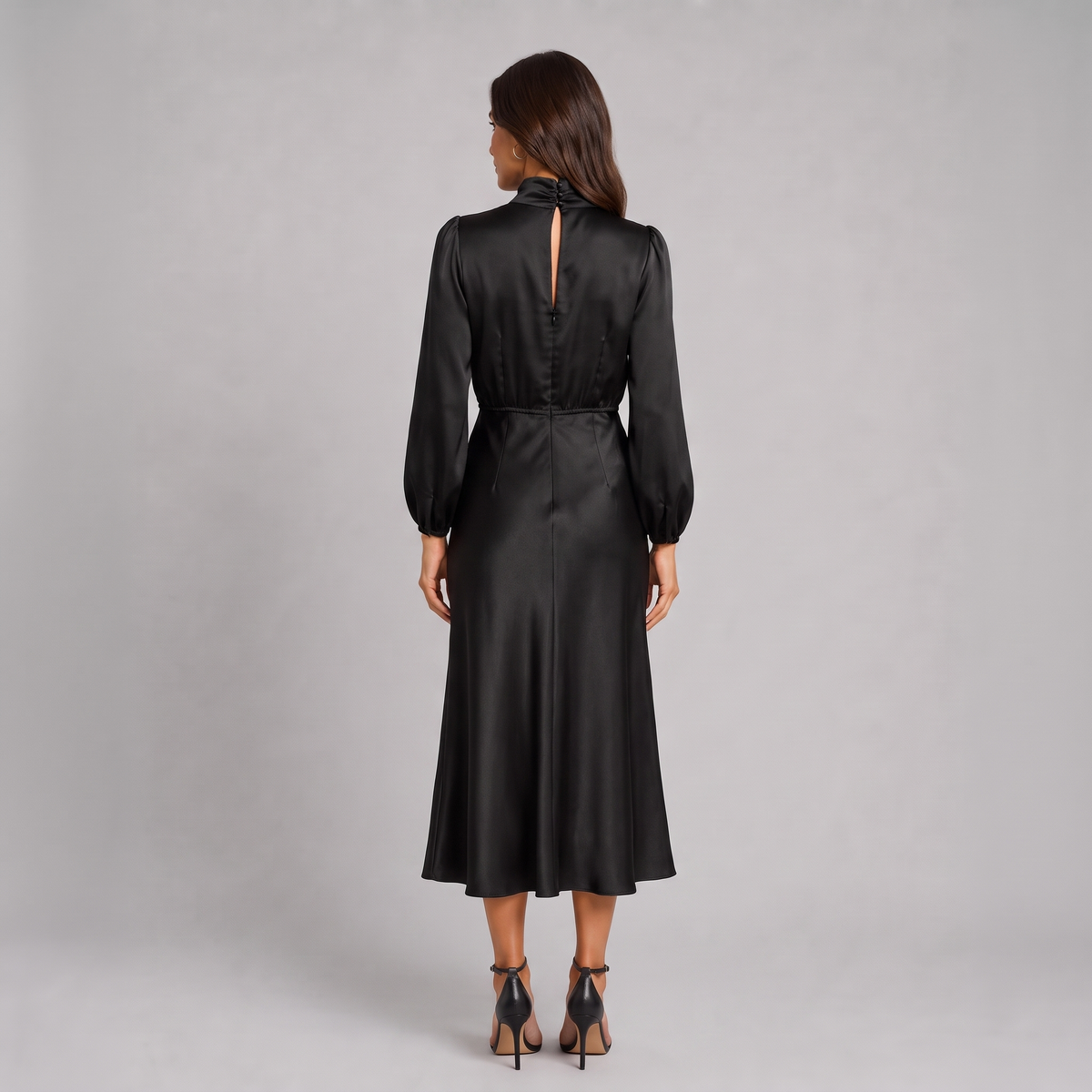 Satin Effect High Neck Long Sleeve Midi Dress