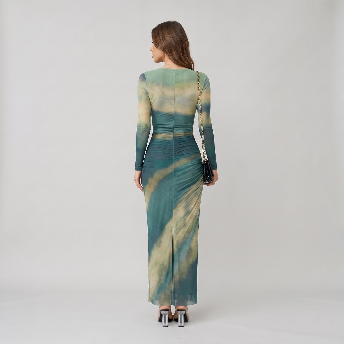 Elegant Ombre Ruched Long Sleeve Maxi Dress
