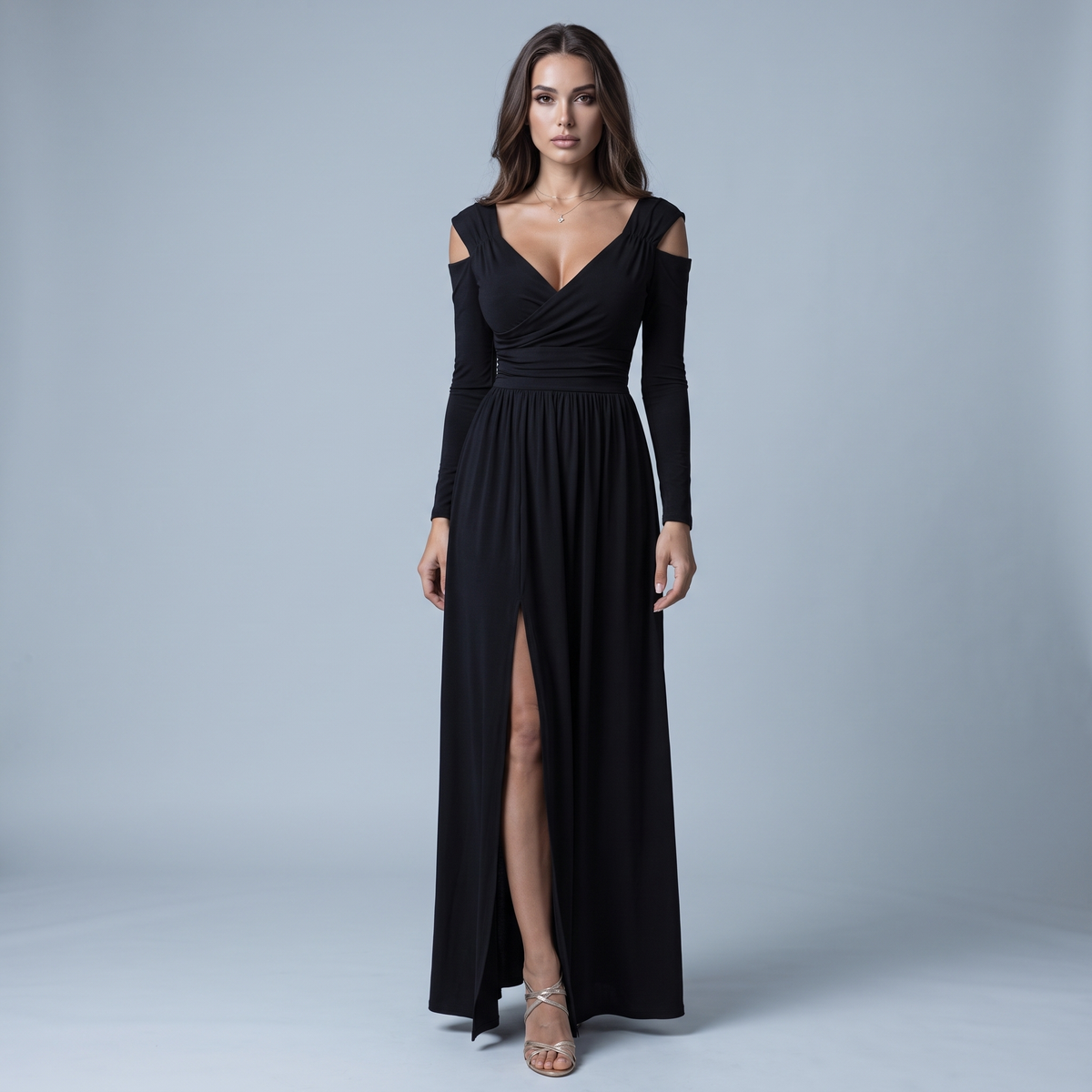 V-Neck Off-Shoulder Long Sleeve Maxi Dress
