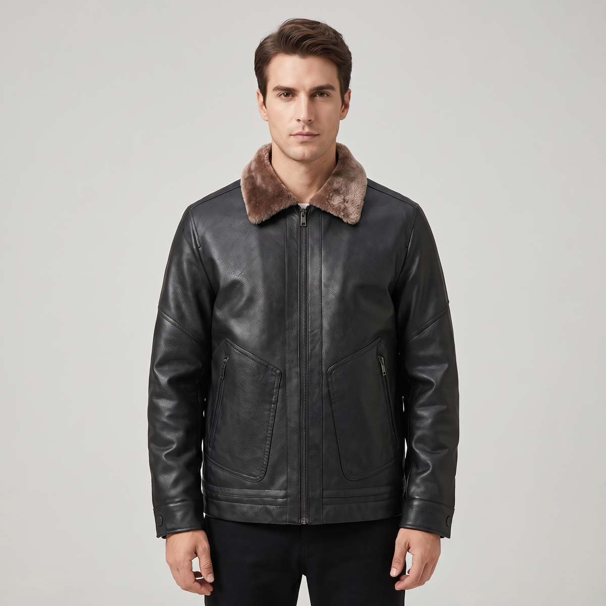 Men’s Leather Bomber Jacket with Shearling Lining