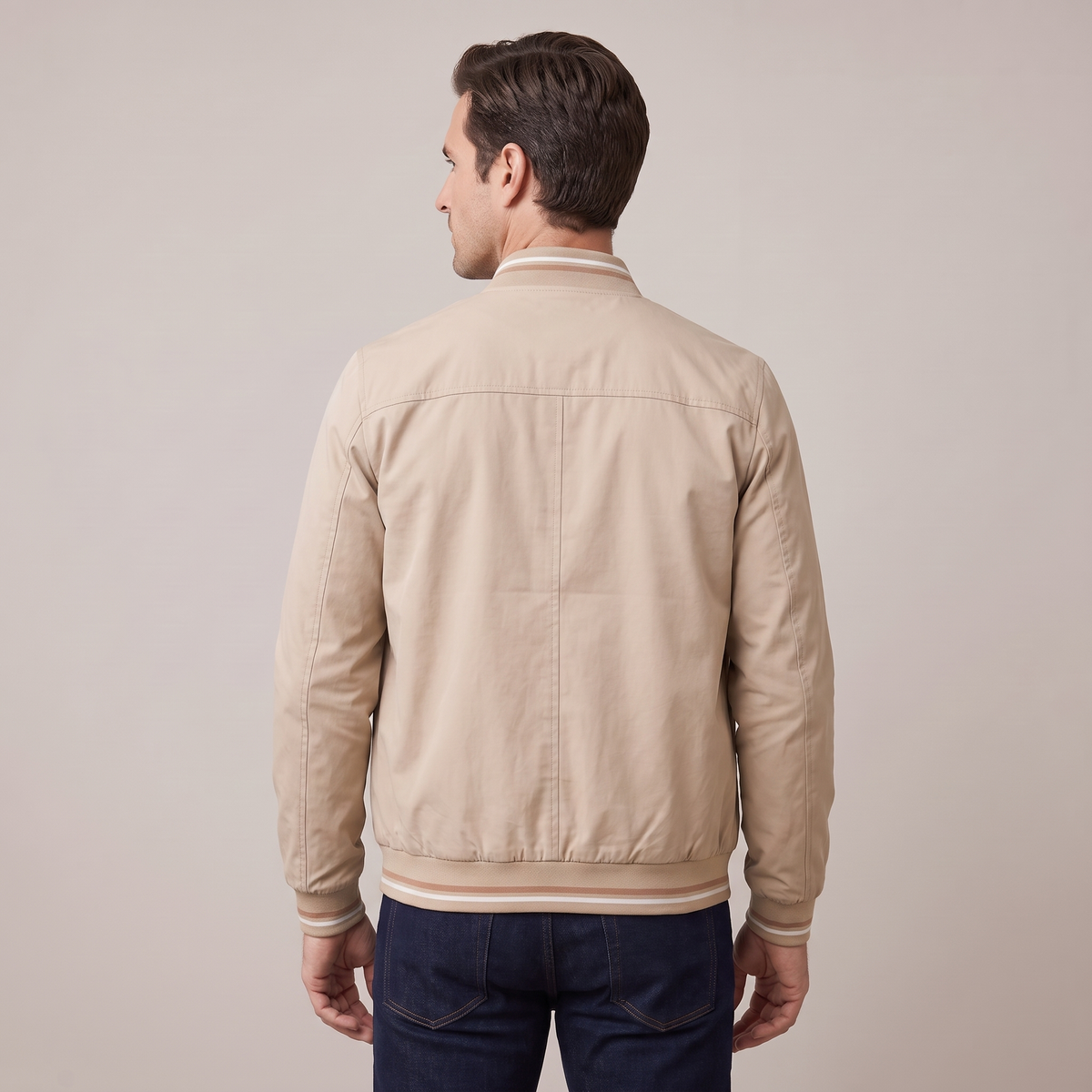 Men’s Bomber Jacket Lightweight Blended Fabric with Striped Cuffs