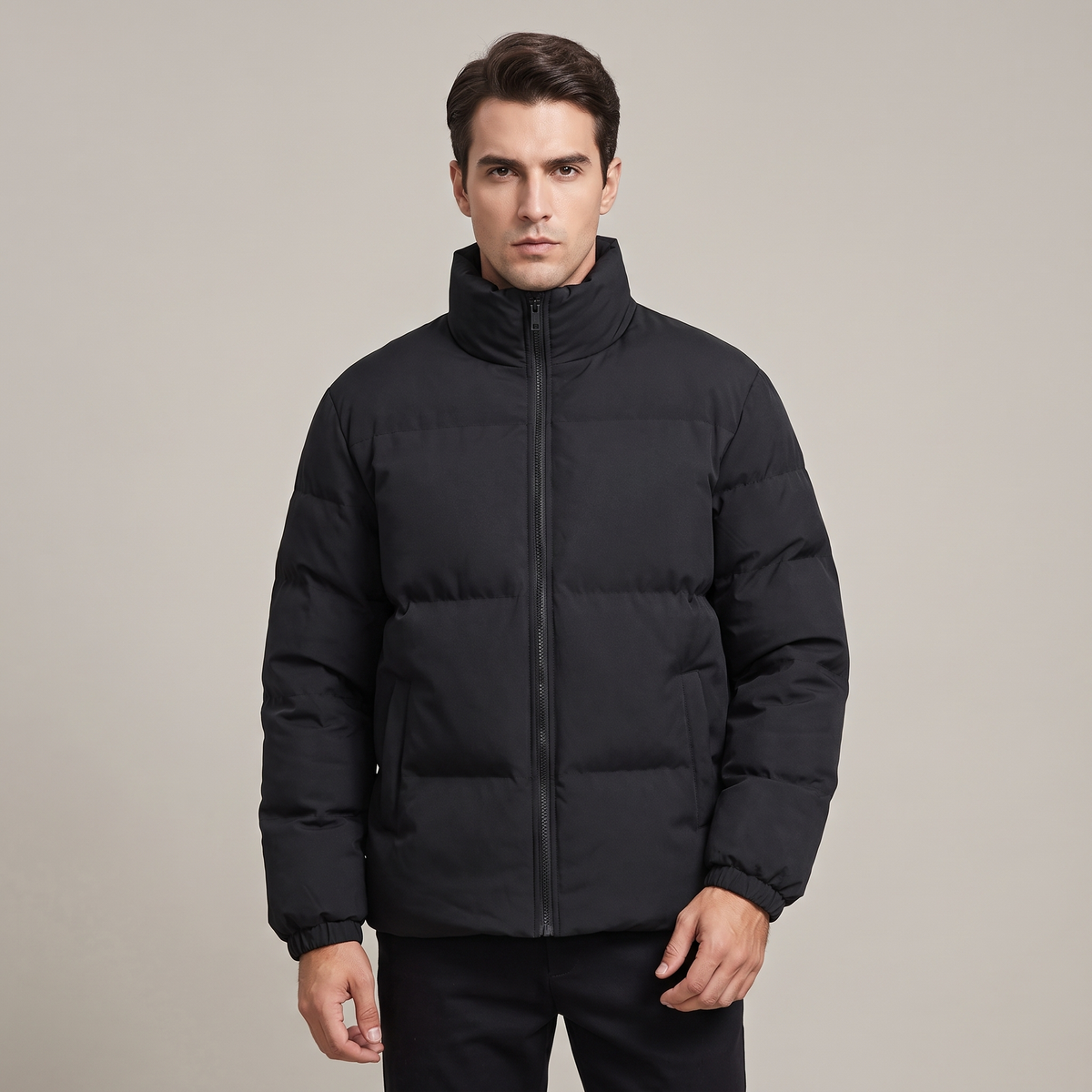 Men’s Puffer Jacket with Geometric Pattern and High Collar