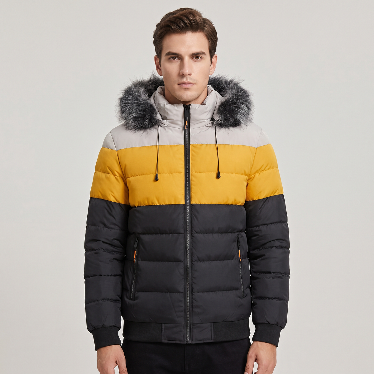 Men’s Puffer Jacket with Hood and Zip Front Flap