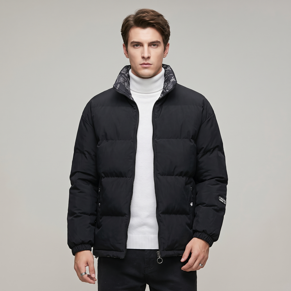 Men’s Puffer Jacket Zip-Up Duvet with Bandana-Print Details