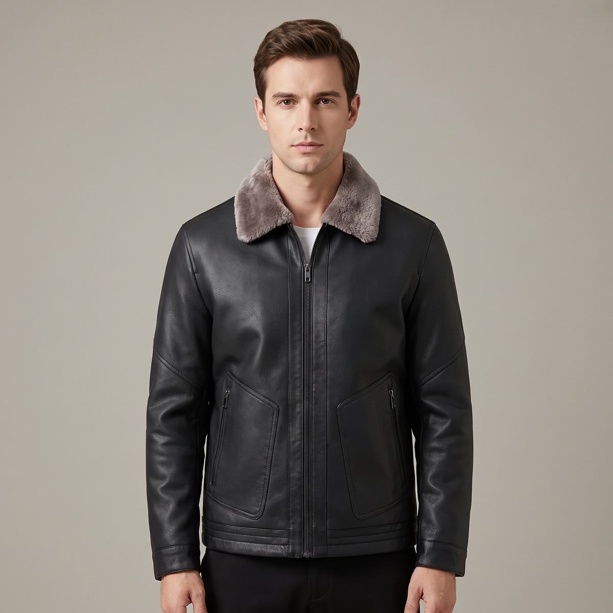 Men’s Winter Jacket Fleece-Lined Leather with Turn-Up Collar
