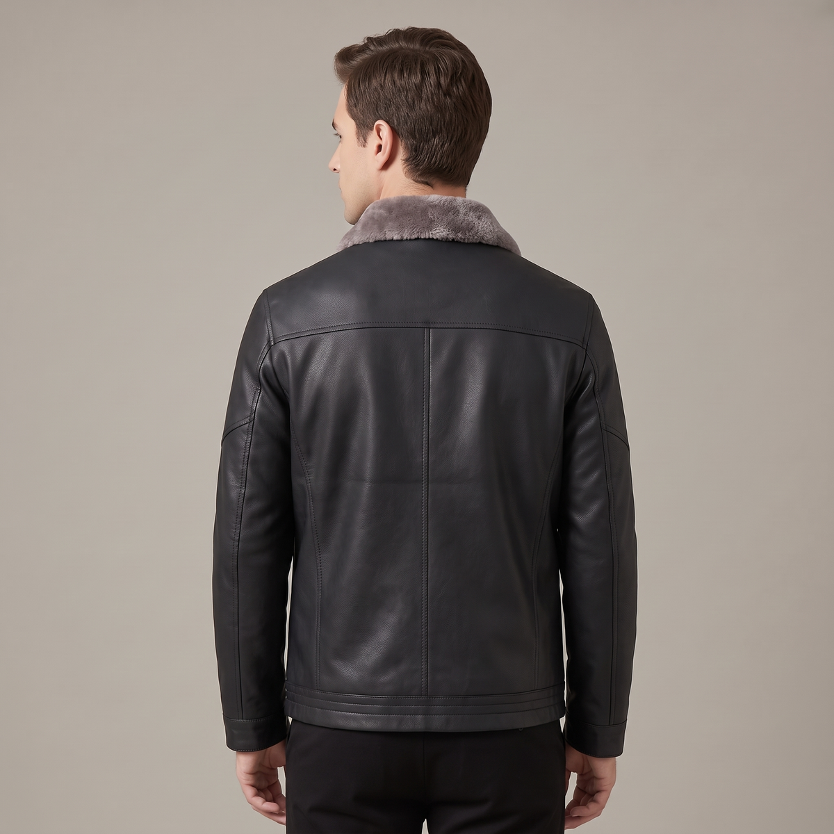 Men’s Winter Jacket Fleece-Lined Leather with Turn-Up Collar