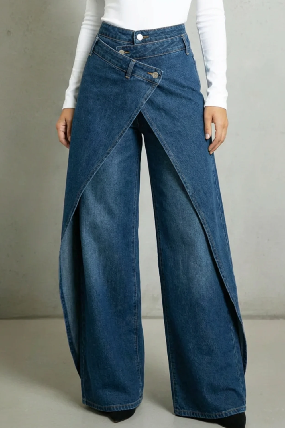 Women's High Waist Baggy Jeans with Draped Panel