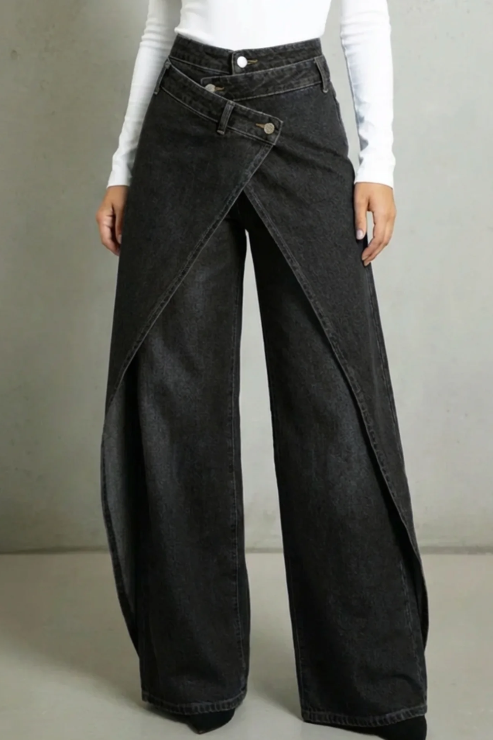 Women's High Waist Baggy Jeans with Draped Panel