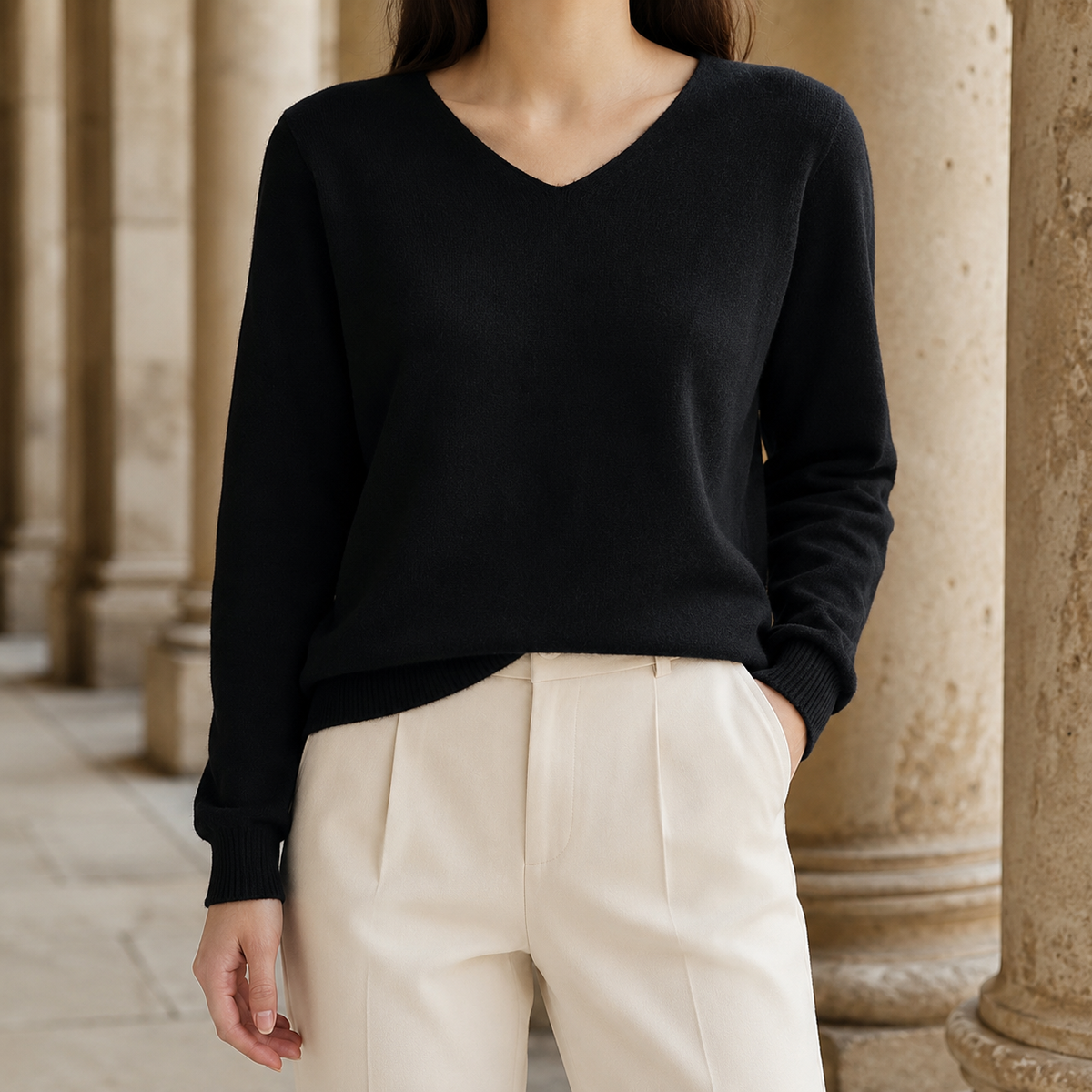 Women's V-Neck Sweater in Fine Wool, Relaxed Fit