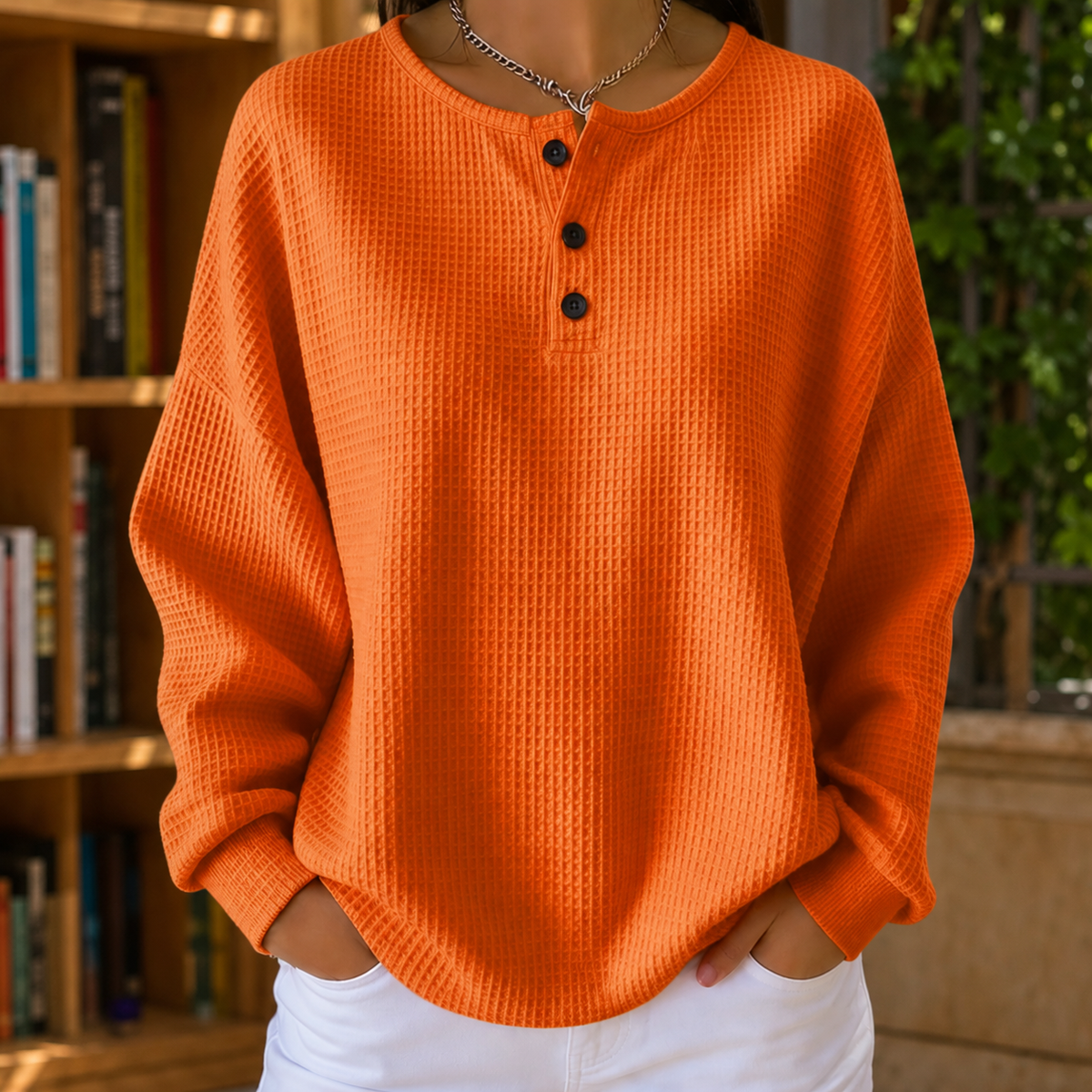 Women's Oversized Waffle Sweater with Button Placket