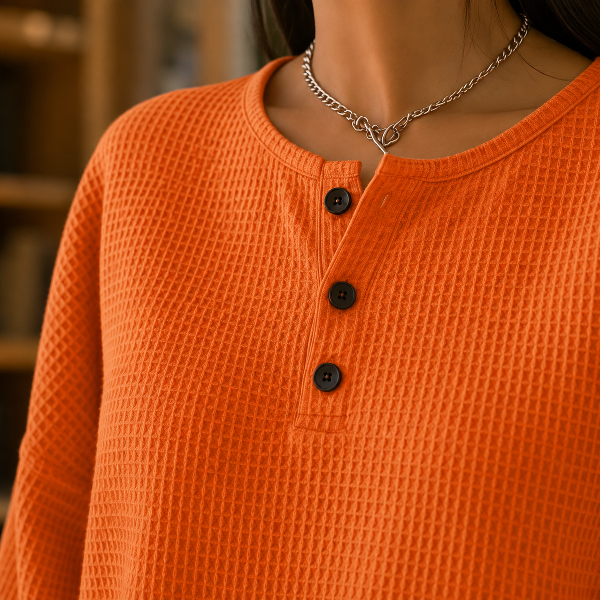 Women's Oversized Waffle Sweater with Button Placket